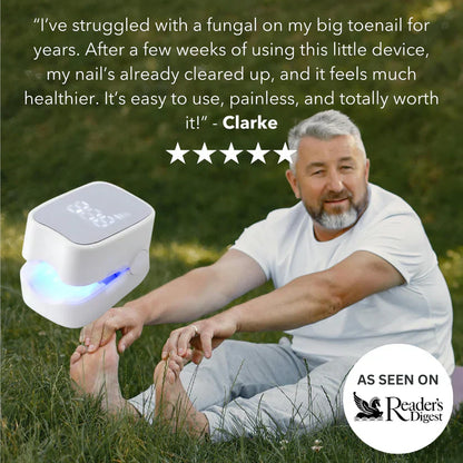 Customer testimonial showing improved toenail health after using ClearNail Pro nail fungus laser treatment device